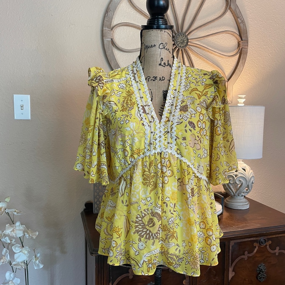 Marc New York Floral Yellow Ruffle & Rick Rack Women's Top - Picture 12 of 16